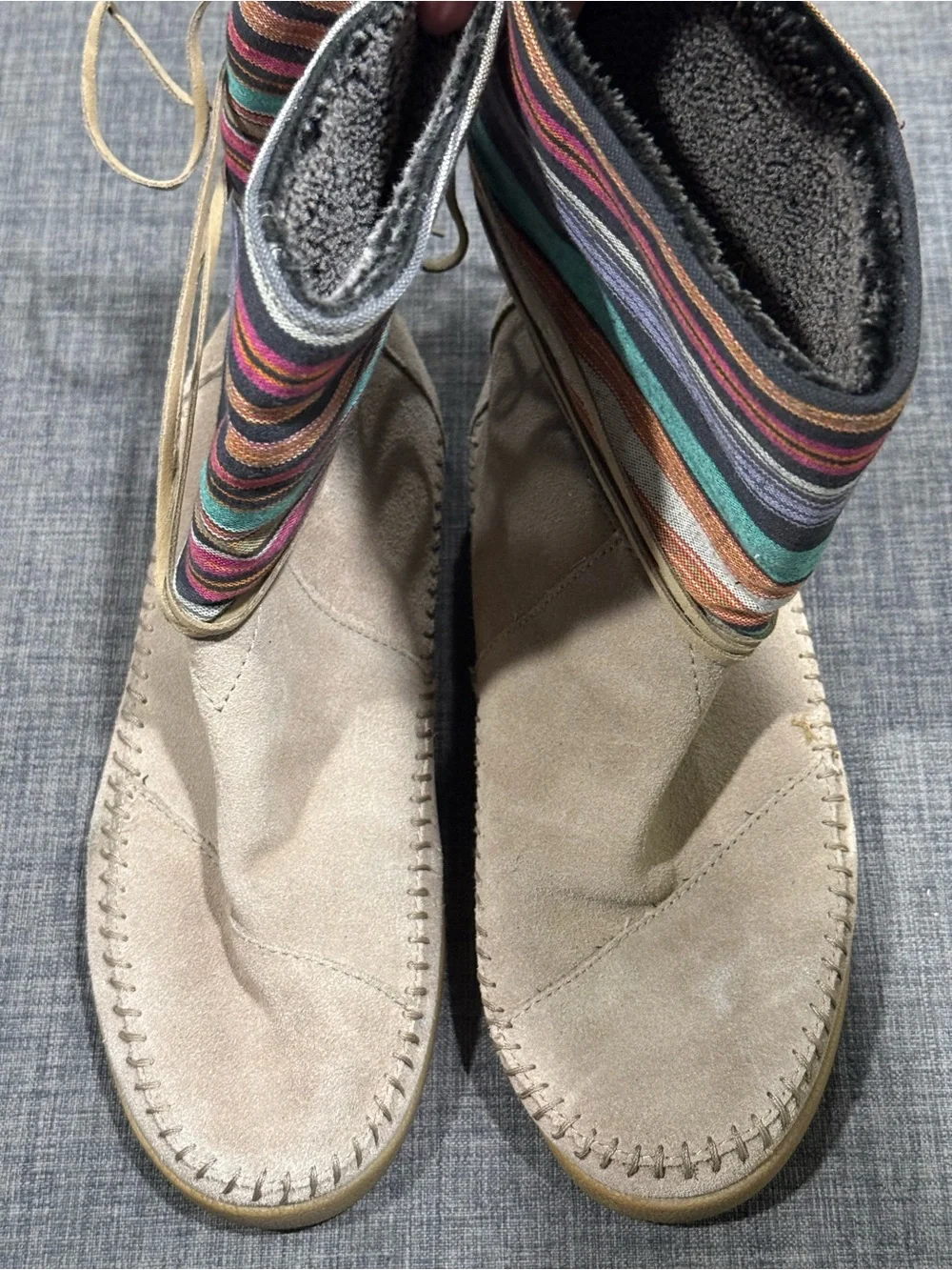 Toms Beige Suede Ankle Boots with Multicolor Striped Shaft